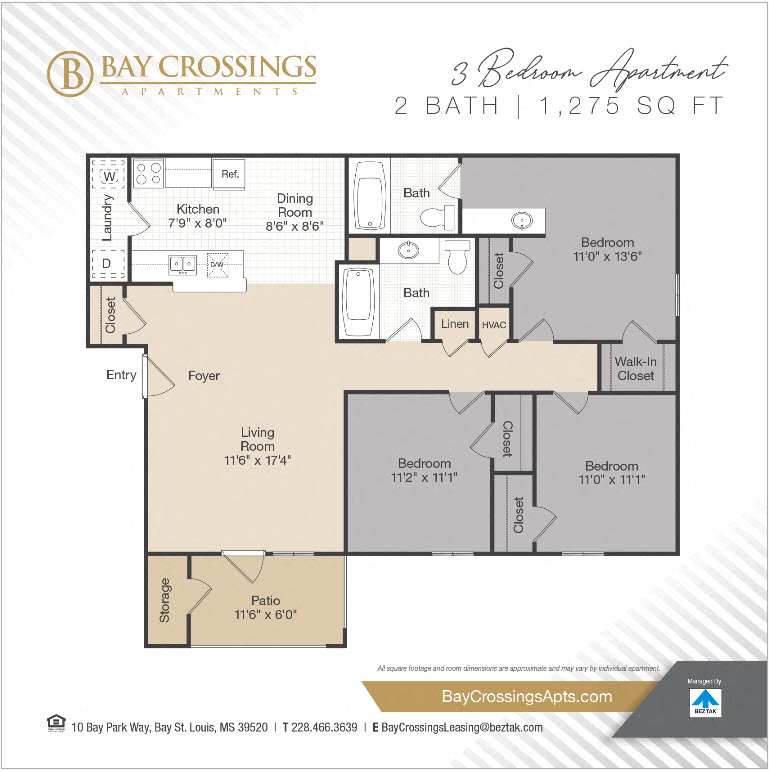 Floor plan for 3 beds, 2 baths, 1275 sqft